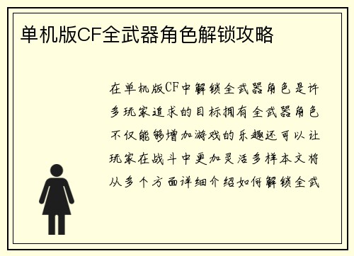 单机版CF全武器角色解锁攻略